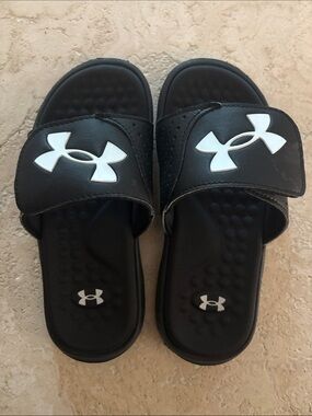 Under Armour Black Slide Sandals with White Logo - Kids